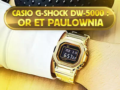 Combinaison éblouissante de luxe et de nature : Montre en or Casio G-Shock DW-5000 dans un écrin en bois de Paulownia